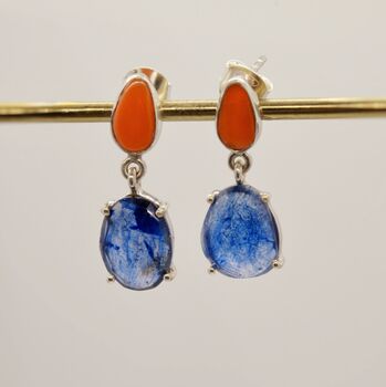 Raw Blue Sapphire, Coral Silver Earrings, 7 of 7