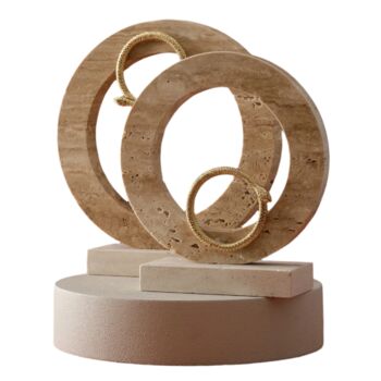 Set Of Two Brass Snake Travertine Circle Sculptures, 2 of 2