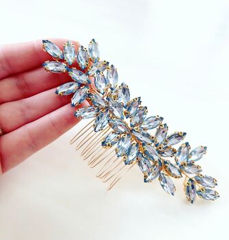 Enya Pale Blue And Gold Crystal Hair Comb, 2 of 5