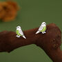 Sterling Silver Green Enamel Budgie Stud Earrings, thumbnail 2 of 12
