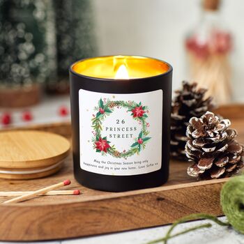 First Christmas In New Home Personalised Candle Gift Wreath Design, 3 of 8