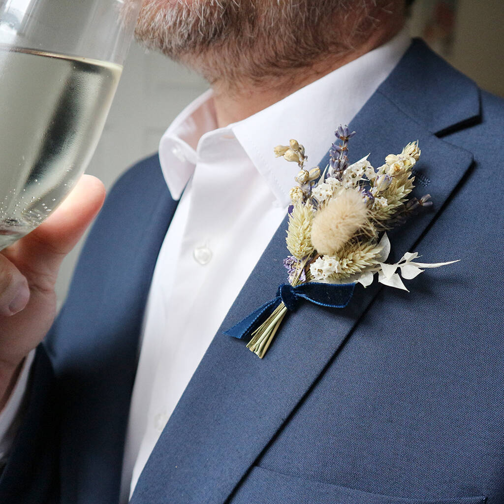 'Oxford Blue' Dried Flower Buttonhole Corsage, 1 of 4
