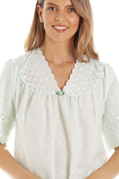 British Made Cotton Mint Embroidery Anglaise V Neck Nightdress Gift, 3 of 4