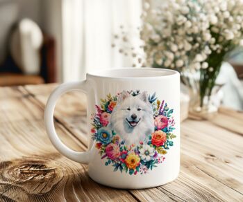 Personalised Samoyed Summer Floral Dog Wreath Cushion And Mug Gift Bundle, 2 of 4