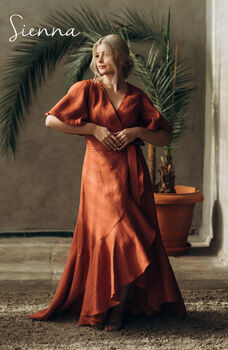 Long Bohemian Wrap Linen Dress With Frill Details, 4 of 12