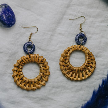 Gold Plate Blue Vein Stone Rattan Earrings, 2 of 3