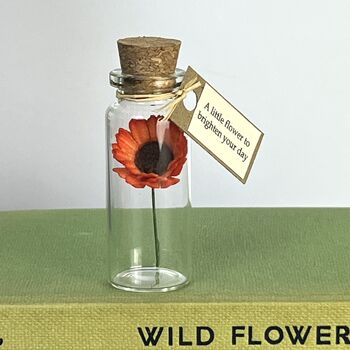 Tiny Gerbera Daisy In A Bottle With Personalised Tag, 5 of 11