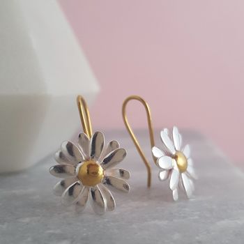 Two Tone Sterling Silver Large Daisy Drop Earrings, 2 of 6