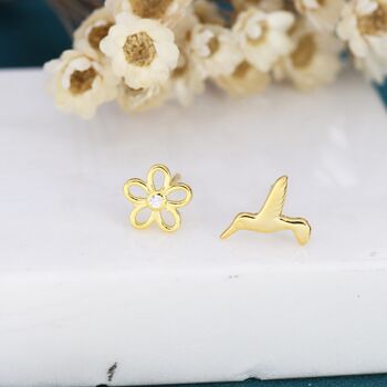Mismatched Hummingbird And Flower Stud Earrings, 7 of 12
