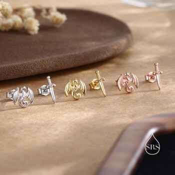Mismatched Dragon And Sword Stud Earrings In Sterling Silver, 5 of 12