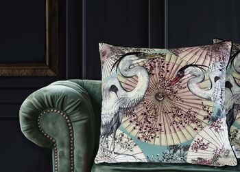 Sakura Sunshade Japanese Parasoles With Crane Birds Luxury Velvet Square Cushion, 3 of 6