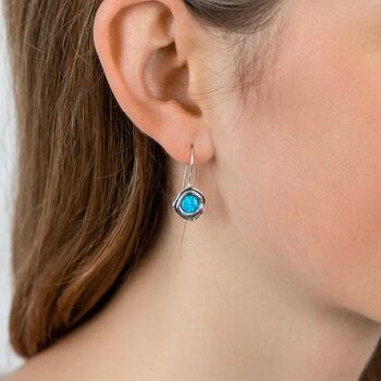 Simple Molten Sterling Silver Blue Opal Drop Earrings, 3 of 7