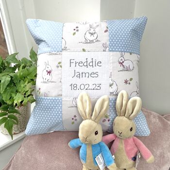 Nursery Bunny Name And Date Cushion, 2 of 9