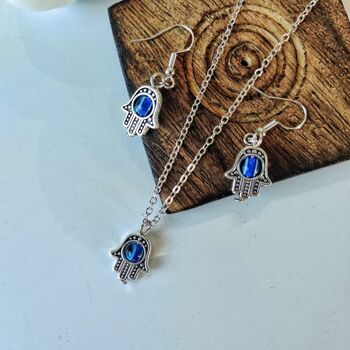 Hamsa Evil Eye Hand Drop Necklace And Earrings, 5 of 11