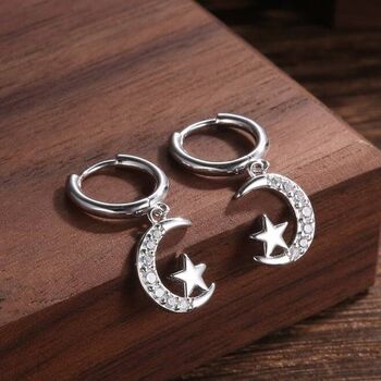 Moon And Star Cz Huggie Hoop Earrings In Sterling Silver, 2 of 10