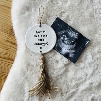 Personalised Pregnancy Announcement Sign Tassel, Clay Due Date Plaque, Due Date Reveal Keepsake, 2 of 3