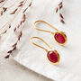 Ruby Oval Short Drop Gold Plated Silver Earrings, thumbnail 2 of 11