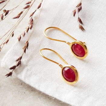 Ruby Oval Short Drop Gold Plated Silver Earrings, 2 of 11