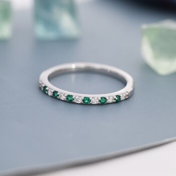 Sterling Silver Emerald Green And Clear Cz Half Eternity Ring, 5 of 12