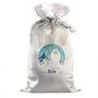 Personalised The Snowman And The Snowdog Luxury Silver Grey Pom Pom Christmas Sack, thumbnail 4 of 4