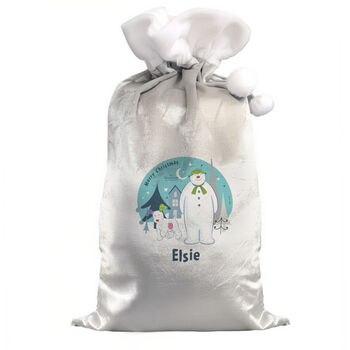 Personalised The Snowman And The Snowdog Luxury Silver Grey Pom Pom Christmas Sack, 4 of 4