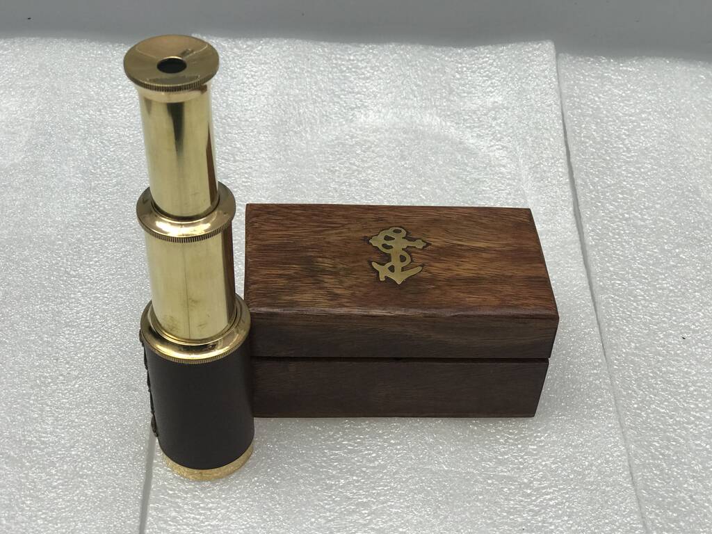 six inch brass handheld mini telescope with wooden box by reason season