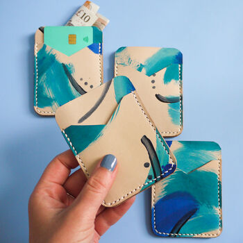 Blue Leather Pocket Wallet, Hand Painted, 3 of 11