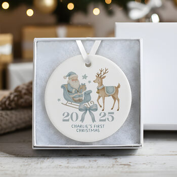 Personalised Baby's First Christmas Santa Bauble Keepsake In Pink Or Blue, 2 of 6