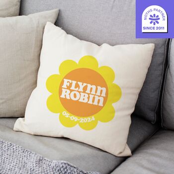 Retro Sunflower Personalised New Baby Cushion, 2 of 3
