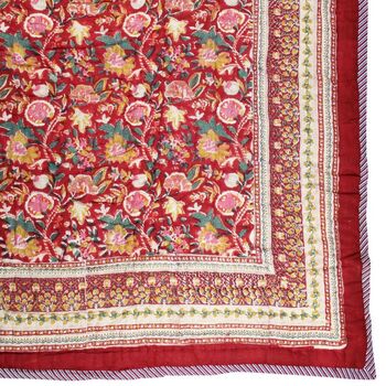 Deep Red, Green And Mustard Floral Indian Block Printed Cotton Bed Quilt, 8 of 9