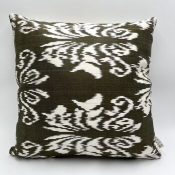 Square Ikat Silk Cushion Olive Green Abstract, 6 of 8