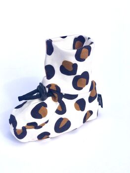 Beige Leopard Print Organic Cotton Drawstring Baby Boot, 8 of 9