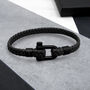 Personalised Men's Black Matt Shackle And Woven Leather Bracelet, thumbnail 2 of 11