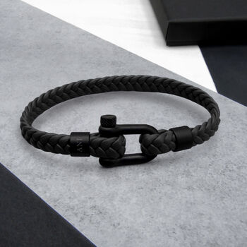 Personalised Men's Black Matt Shackle And Woven Leather Bracelet, 2 of 11