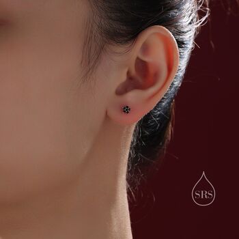 Black Cz Flower Screw Back Earrings In Sterling Silver, 7 of 12