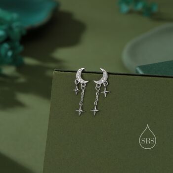 Moon And Dangling Star Stud Earrings In Sterling Silver, 6 of 11