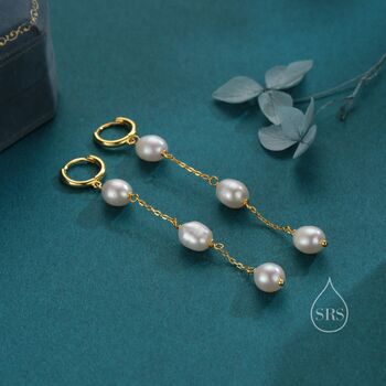 Sterling Silver Natural Oval Pearl Trio Long Dangle Huggie Hoop Earrings, 3 of 11