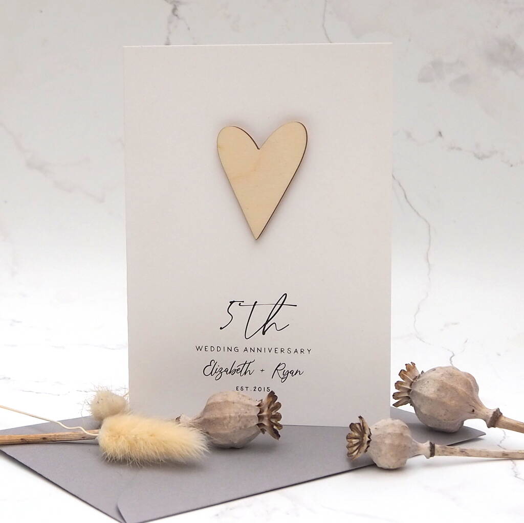 5th Wooden Heart Personalised Anniversary Card By The Hummingbird Card
