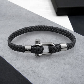Personalised Men's Shackle And Woven Grey Leather Bracelet, 2 of 6