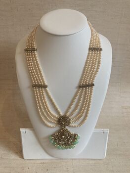 Indian Antique Gold Plated Mint Green Pearl Mala Set, 8 of 9