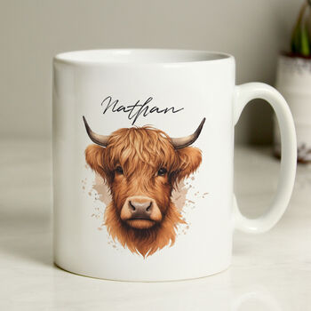 Personalised Name Male Highland Cow Ceramic Mug, 3 of 5