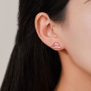 Mismatched Enamel Christmas Hat And Candy Cane Stud Earrings In Sterling Silver, 8 of 10