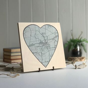 Heart Shaped Map Printed On Wood For 5th Wedding, 5 of 11
