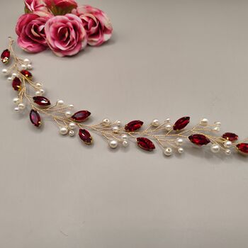 Red Crystal And Pearl Bridal Hair Vine, 11 of 11