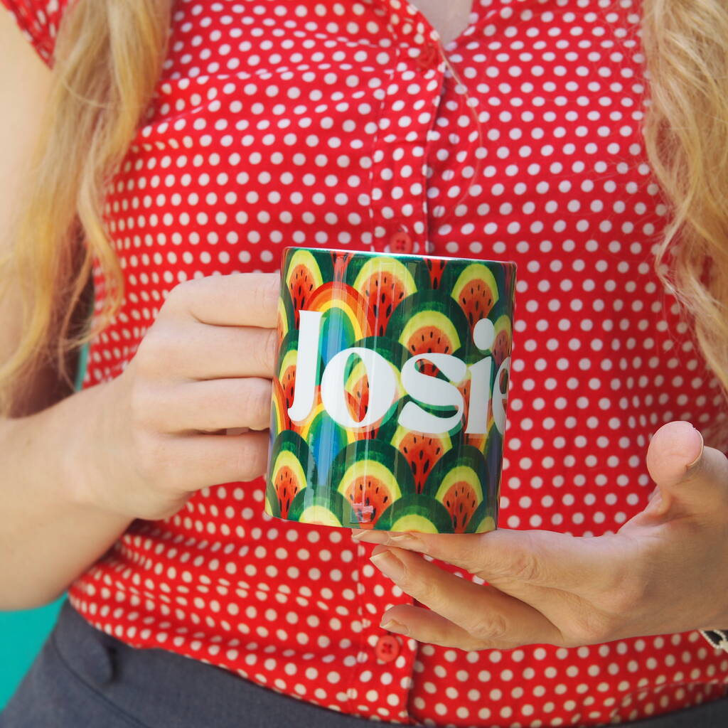 Watermelon And Rainbow Pattern Name Mug, 1 of 4