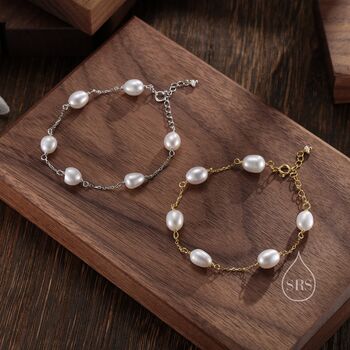 Sterling Silver Freshwater Oval Pearl Bracelet, 5 of 10