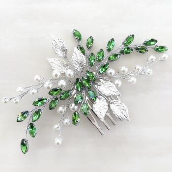 Silver Leaf And Green Crystal Hair Comb, 3 of 5