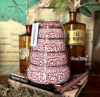 Traditional Tiffin Lunchbox With Four Compartments 'Paisley' Cherry Red, 4 of 4