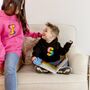 Black Kids Rainbow Embroidered Initial Hoodie, thumbnail 2 of 3