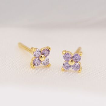 Sterling Silver Amethyst Purple Cz Flower Stud Earrings, 2 of 12